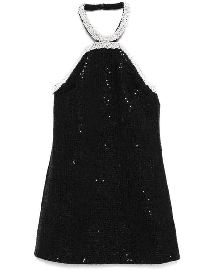 SP Black Metallic Pearl Trim Halter Boucle Mini Dress
