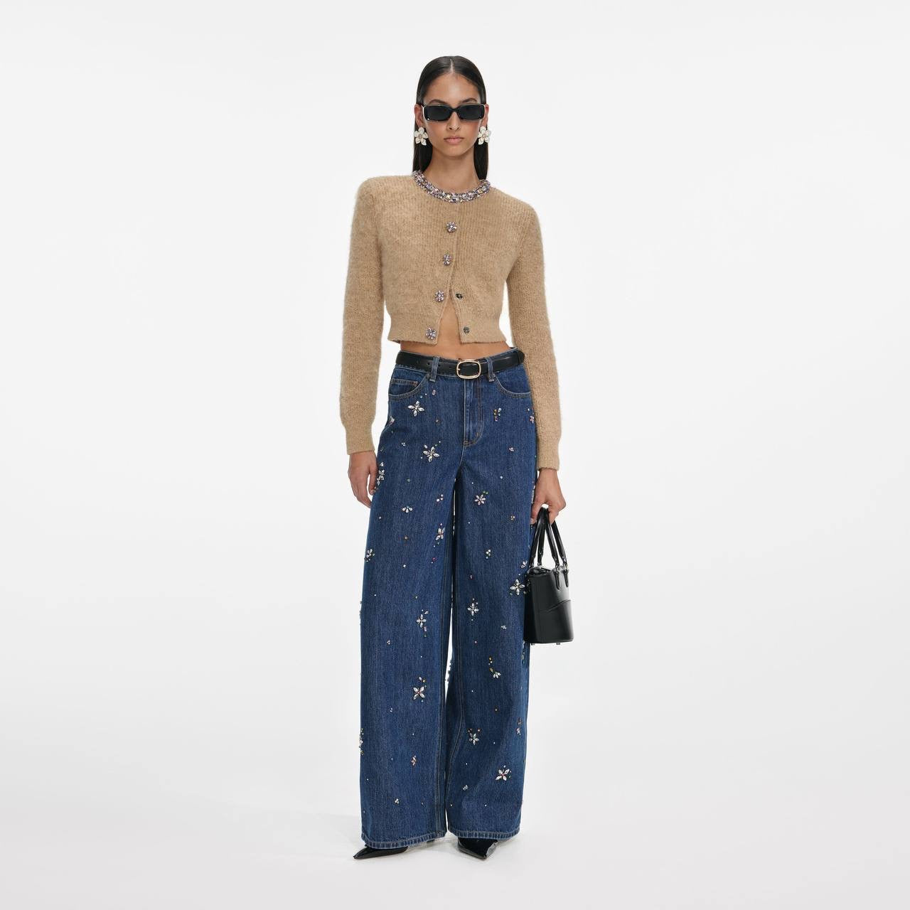 SP Embellished High Waist Wide Leg Jeans in Light Blue Wash | Dark Blue Wash