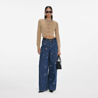 SP Embellished High Waist Wide Leg Jeans in Light Blue Wash | Dark Blue Wash