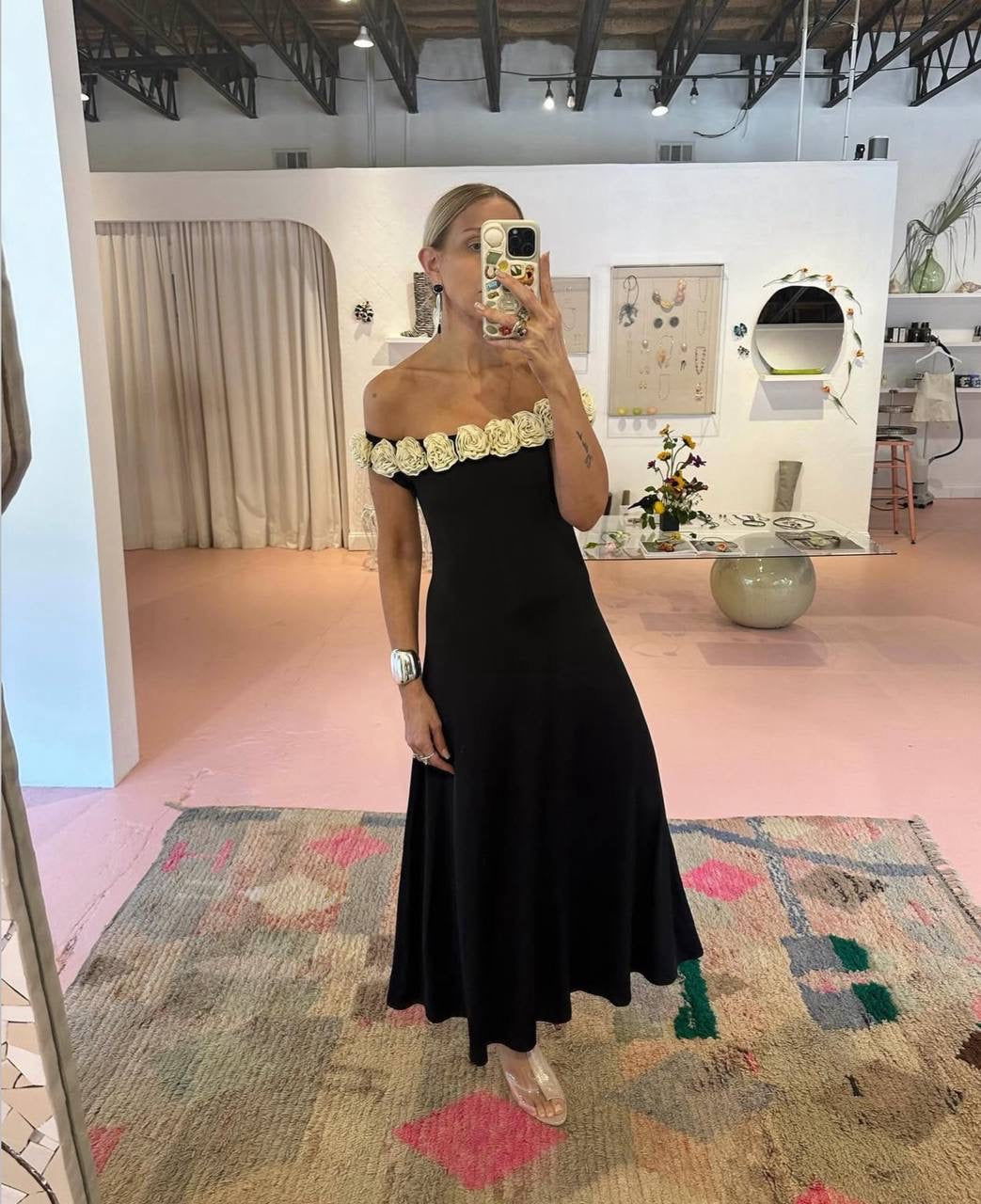 ML Gabrielle Off-Shoulder Top | Gabby 3D Rose Appliqué Maxi Dress