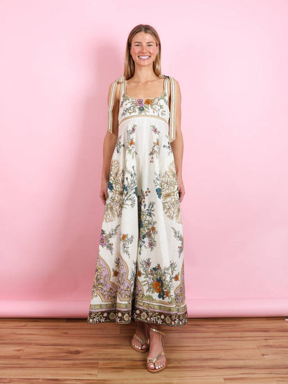 ALM Antoinette Linen Ballet Tie Shoulder Maxi Dress Sundress