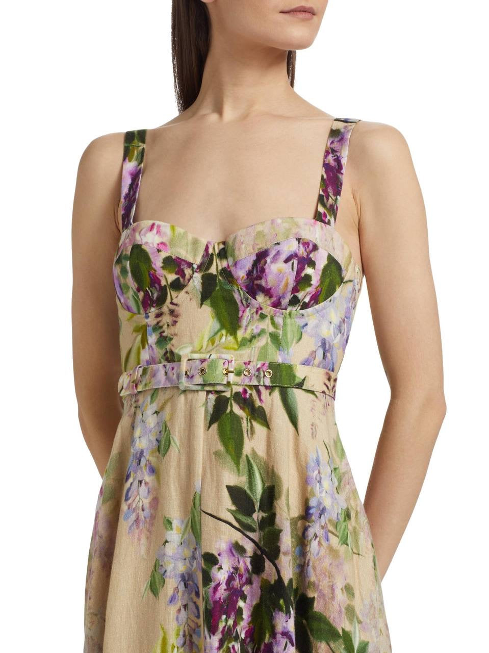 CC Calypso Bustier Belted Midi Dress in Floral Linen | Trellis Eyelet White Cotton