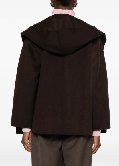 Brown & Camel Short Double-faced Wool-blend Coat Jacket (removable scarf-hood)