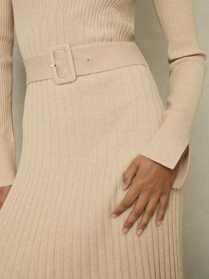 RS Vinette Ribbed Funnel Neck Belted Midi Dress