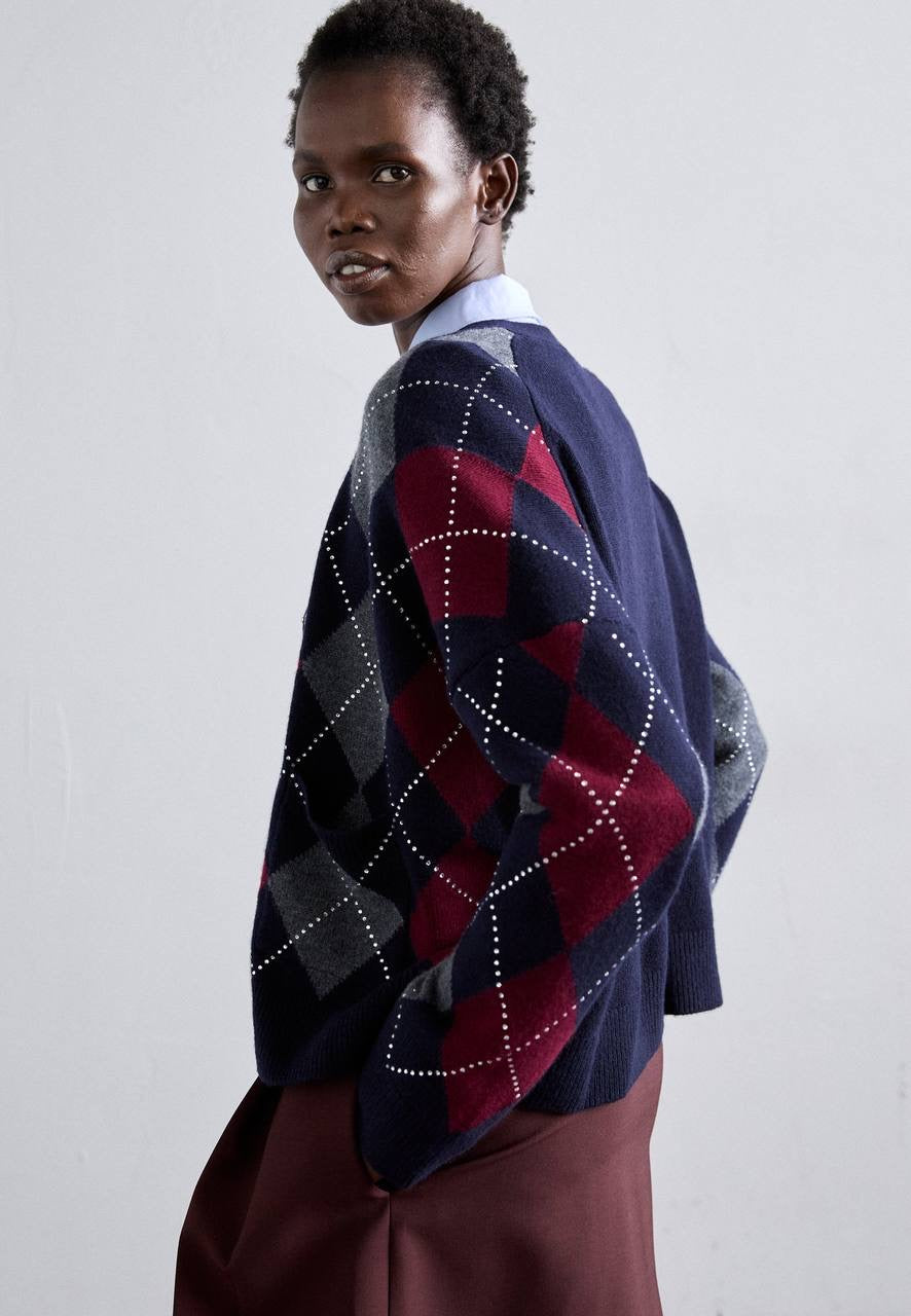 MJ Argyle Cropped Embellished Wool Cardigan
