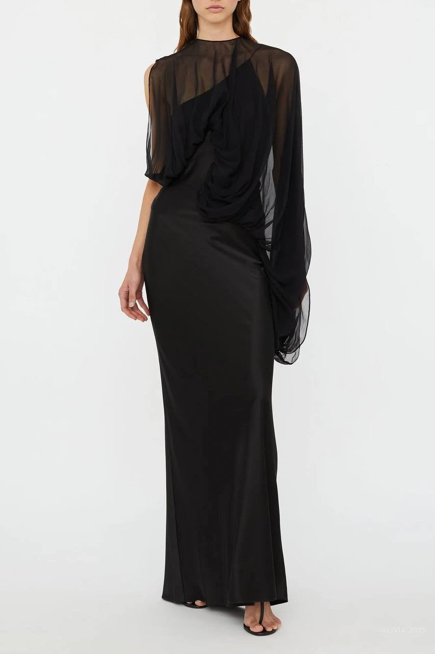 CE Swirl Black Silk Draped Sleeve Maxi Dress