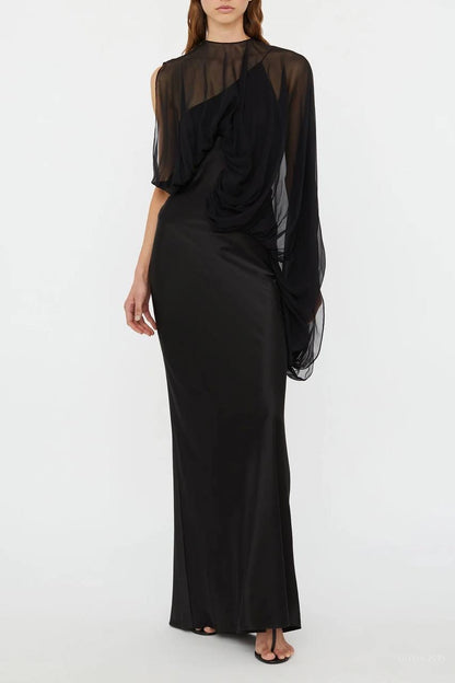 CE Swirl Black Silk Draped Sleeve Maxi Dress