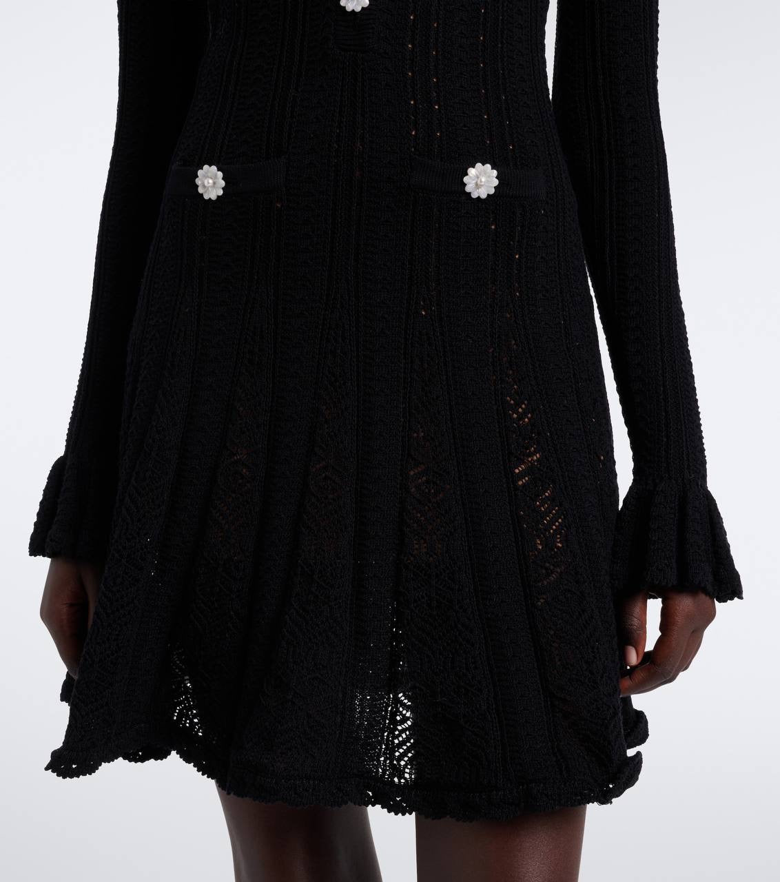 Black Flower Trim Knit Mini Dress