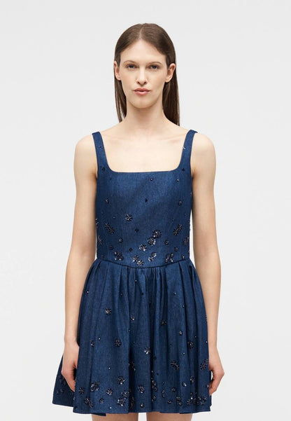 MJ Robradito Flared Embroidered Denim Mini Dress