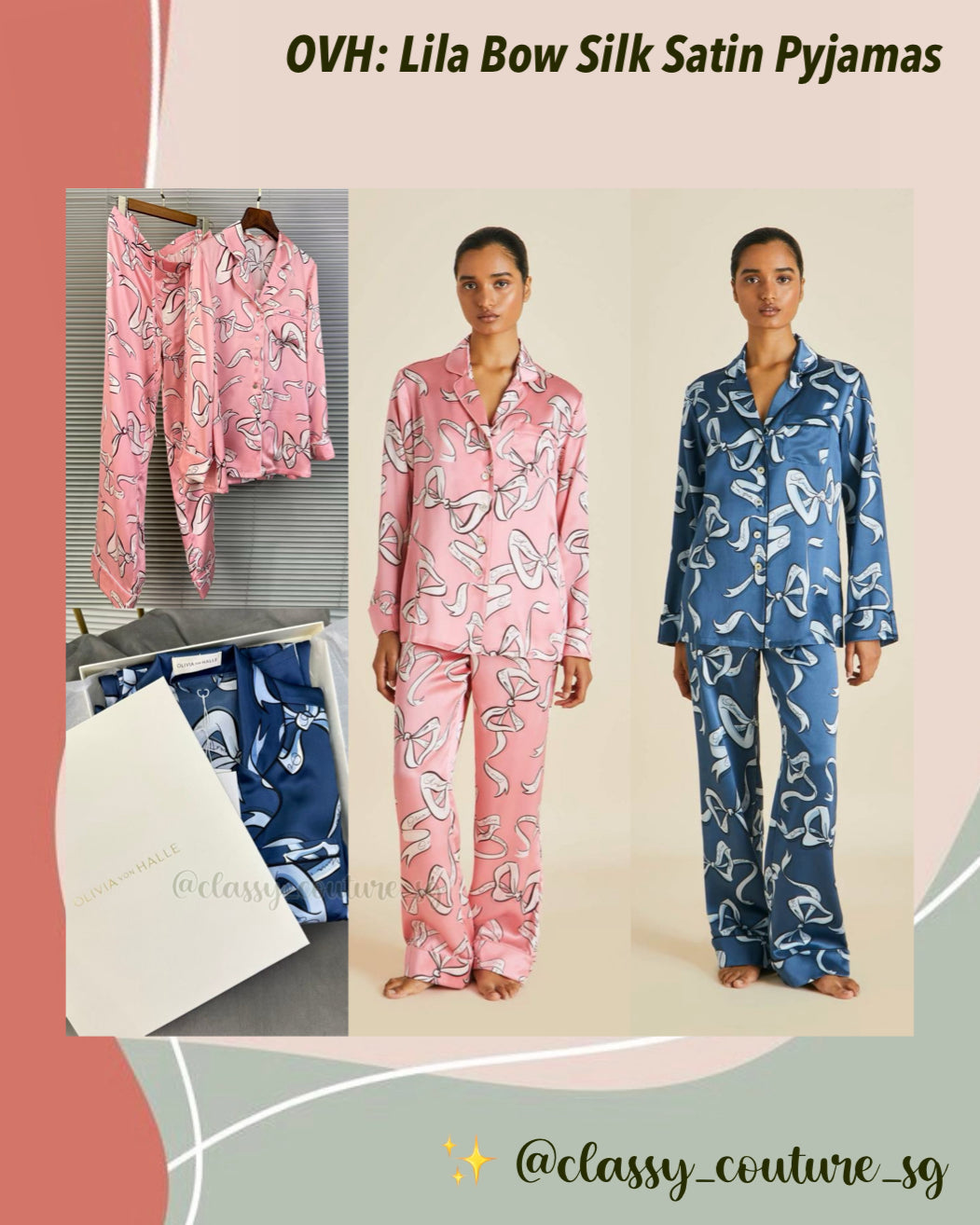 OVH Lila Bow Silk Satin Pyjamas Set in Arran Blue and Aileas Pink