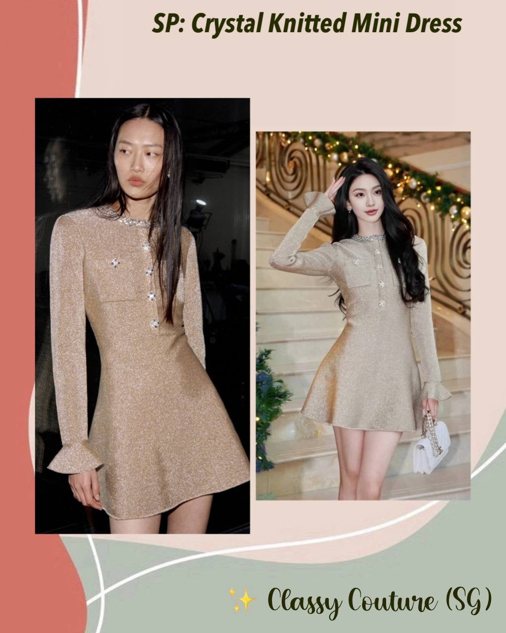 SP Gold Crystal Trim Knit Mini Dress