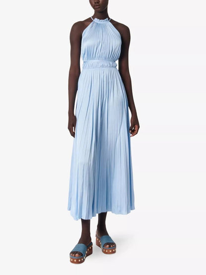 MJ Blue Sky Satin Pleated Plissé-Effect Halter Midi Maxi Dress