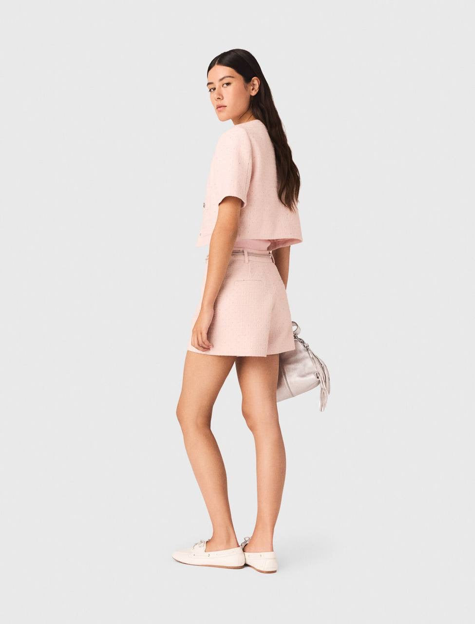 MJ Pink Tweed Cropped Short Sleeve Jacket Top | Shorts | Trouser Pant | Set