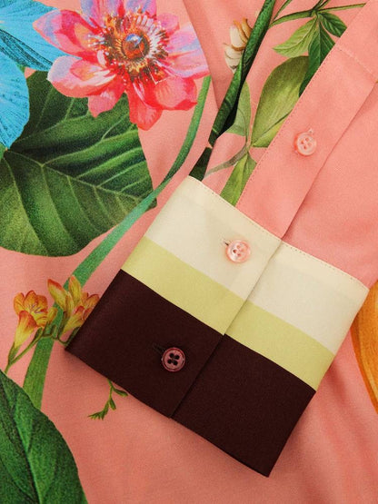 PETITE/REGULAR! RS Pink Milos Tropical Scarf-Print Half-button Shirt | Wide-leg Trousers | Drawstring Shorts | Viscose Set