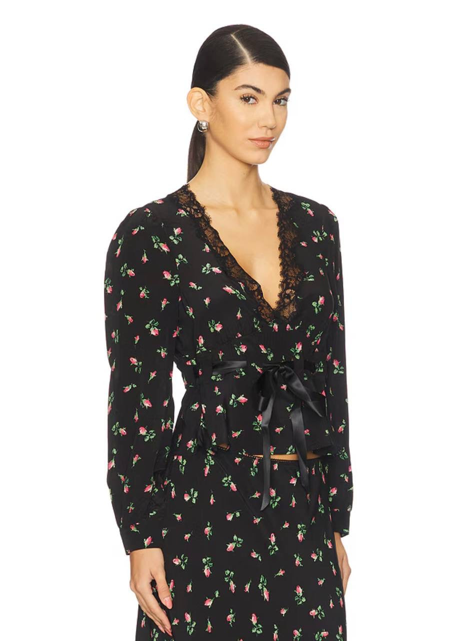 RX Charis Silk Lace-trim Top in Sienna Bud Rose Black