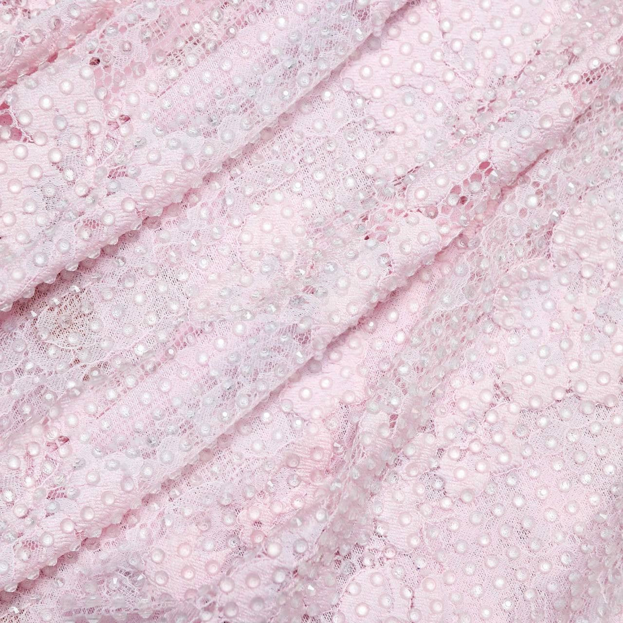 SP Pink Rhinestone Floral Lace Off Shoulder Midi Dress