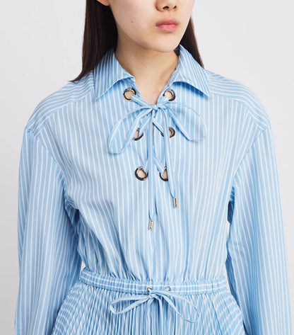 MJ Rossima Pleated Stripe Eyelet Midi Maxi Dress ShirtDress