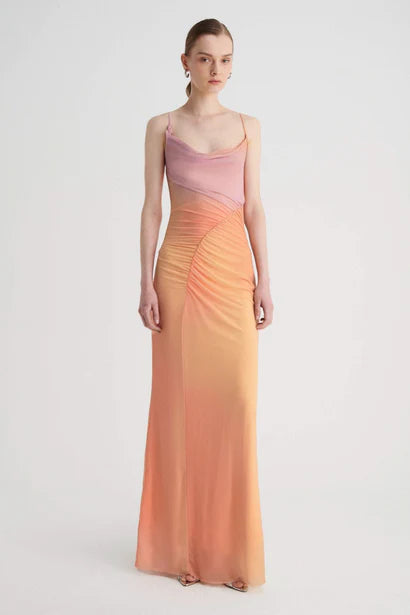 SB Venus Strappy Ruched Maxi Dress with Cowl Neck in Ombre