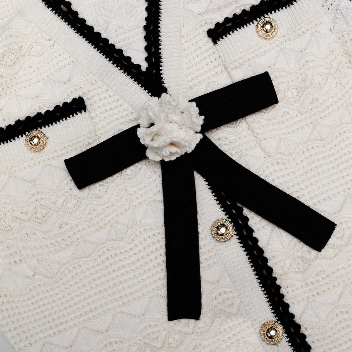 SP White 3D Rosette Pointelle Cotton-blend Knit Contrast Bow Mini | Midi Dress