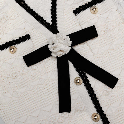 SP White 3D Rosette Pointelle Cotton-blend Knit Contrast Bow Mini | Midi Dress