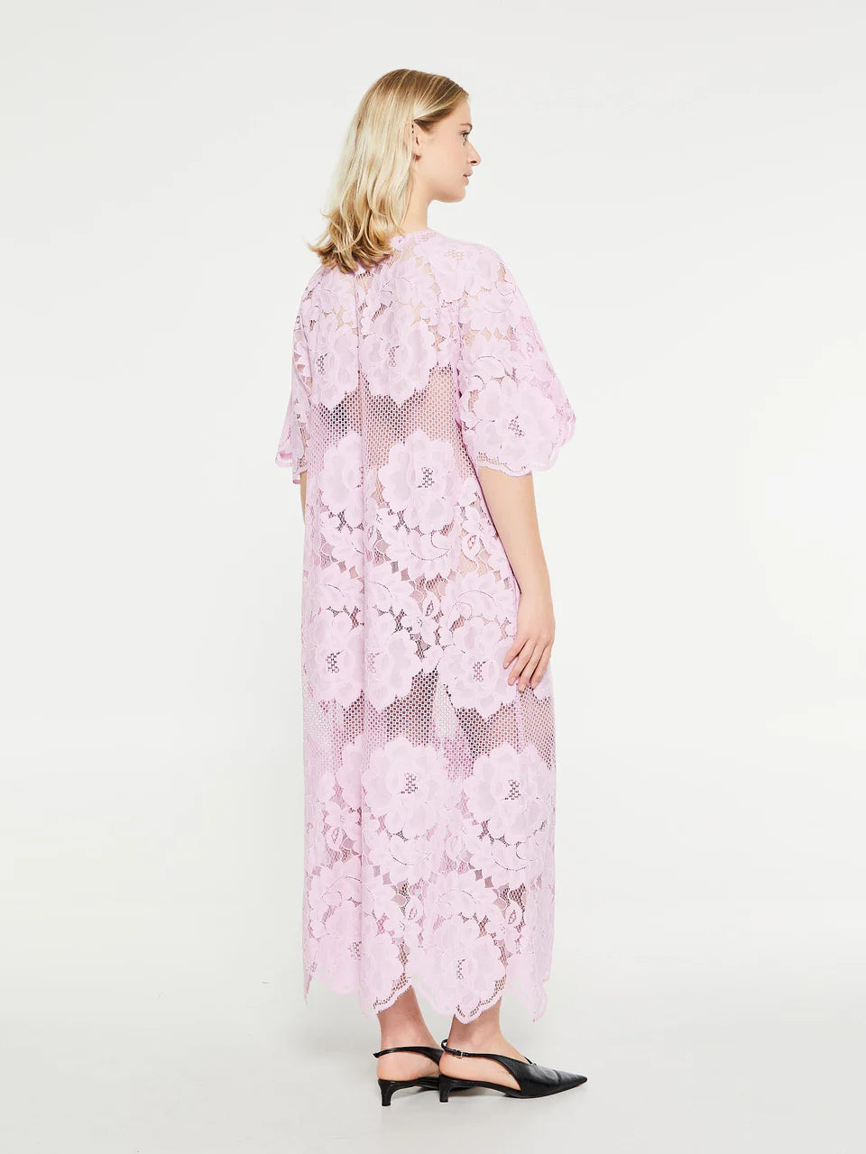 ML Lola Cotton-blend Sheer Lace Short Sleeve Midi Dress