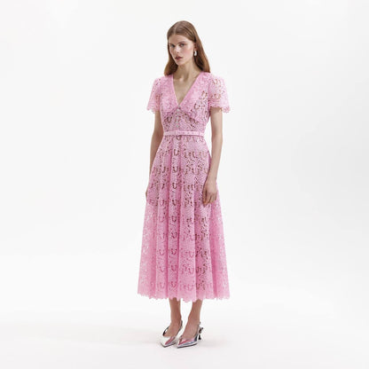 SP Pink Guipure Midi Dress Collar Lace