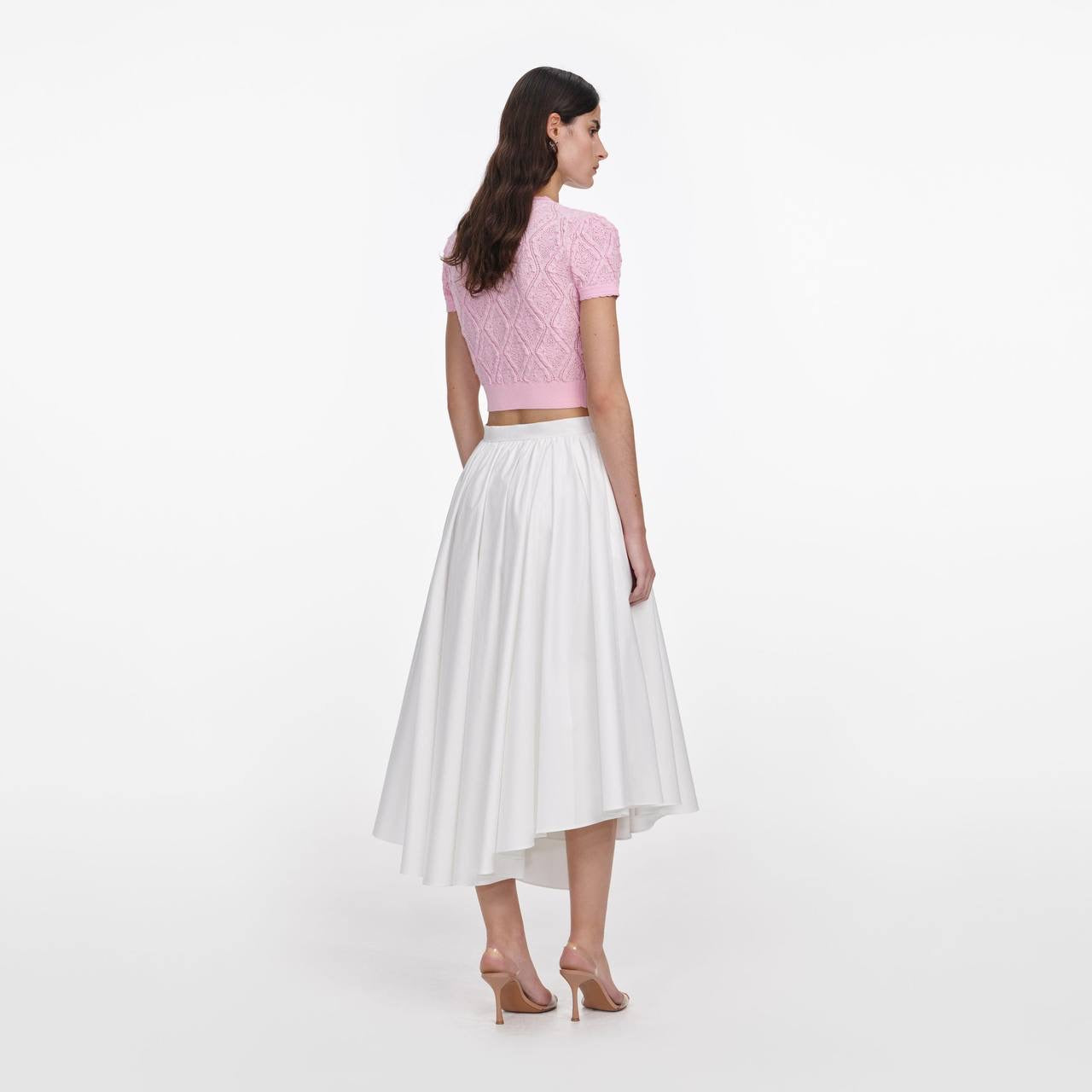 SP White Pointelle Short-Sleeve Sweater Top | Midi Skirt | Set