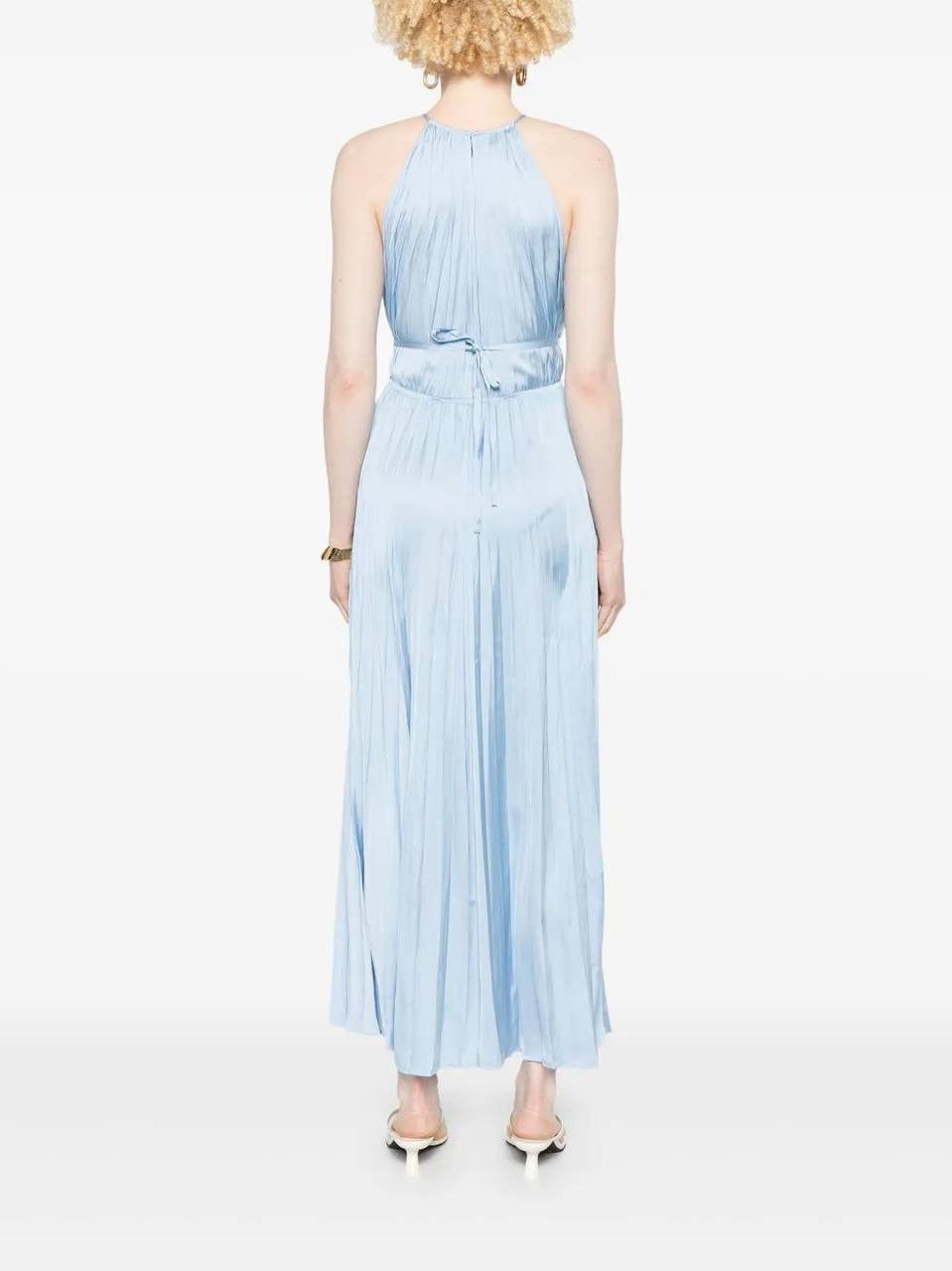 MJ Blue Sky Satin Pleated Plissé-Effect Halter Midi Maxi Dress