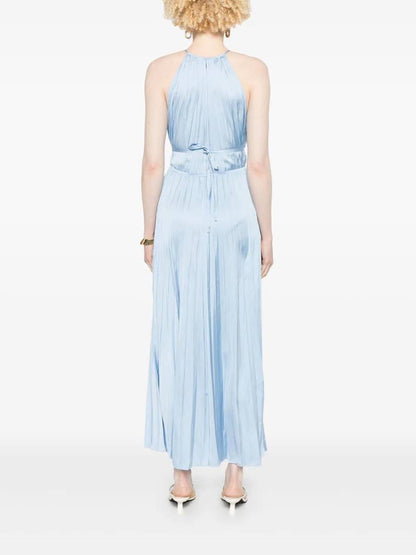MJ Blue Sky Satin Pleated Plissé-Effect Halter Midi Maxi Dress