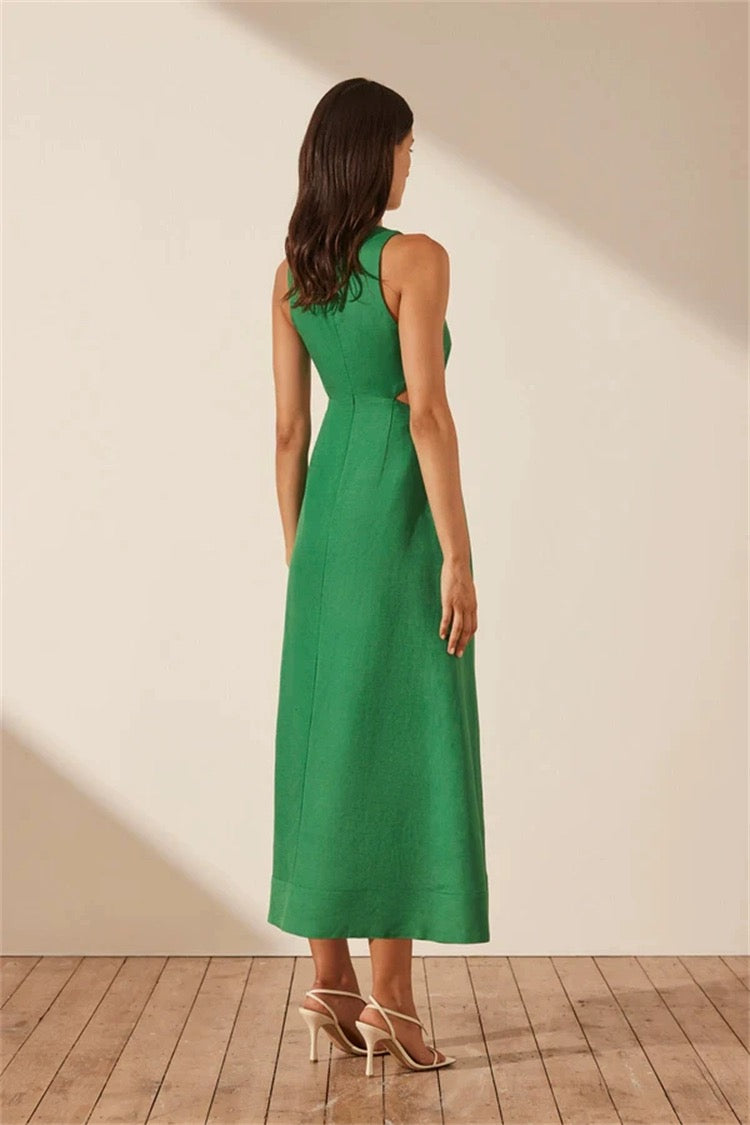 SJ Mare Linen V Neck Cut Out Midi Dress in Tree Green