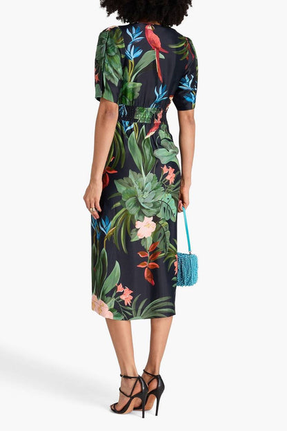 FR Leaf Green/Black Printed Viscose Twill Midi Dress
