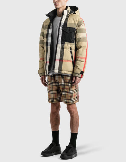 BBR Men’s / Unisex Reversible Check Nylon Puffer Hooded Jacket (Down feather-filled)