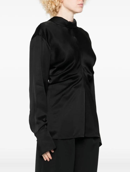 TOT Slouch Zip-Front Drape Satin Blouse Top