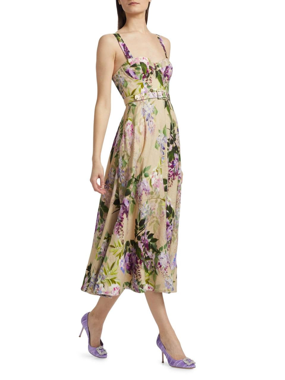 CC Calypso Bustier Belted Midi Dress in Floral Linen | Trellis Eyelet White Cotton