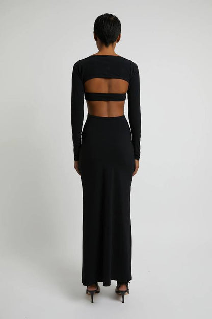 CE Odessa Ruched Prong Long Sleeve Cutout Jersey Maxi Dress