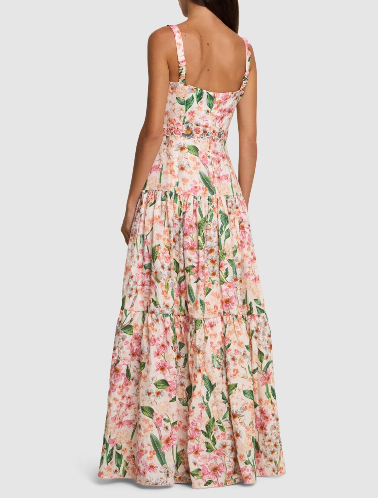 AB Lima Jardiniera Tiered Floral Linen Maxi Dress