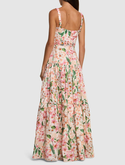 AB Lima Jardiniera Tiered Floral Linen Maxi Dress