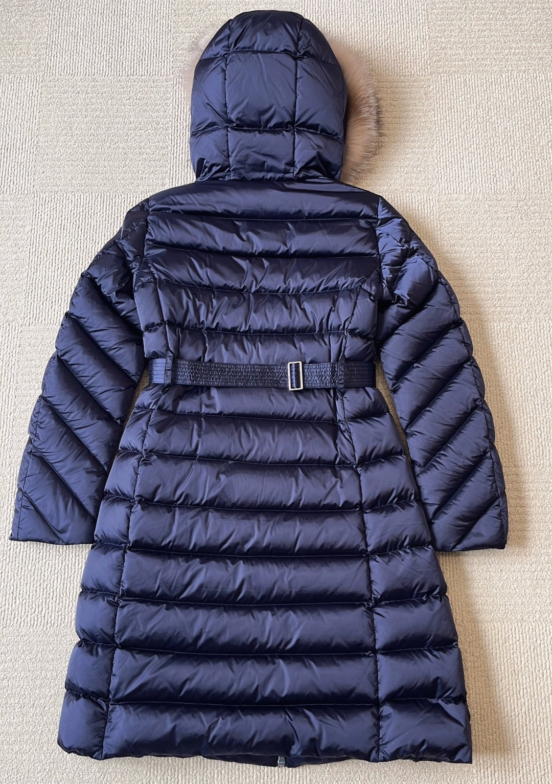 MC Leersie Hooded Shearling-Trimmed Long Down Jacket Coat in Navy Blue