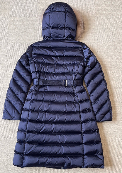 MC Leersie Hooded Shearling-Trimmed Long Down Jacket Coat in Navy Blue