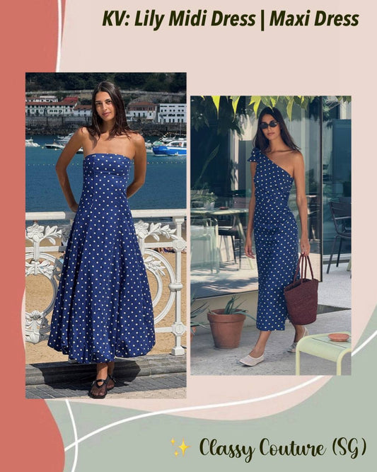 KV Lily One-Shoulder Toga Midi Dress | Strapless Bubble Cotton-Linen Polka Dot Maxi Dress