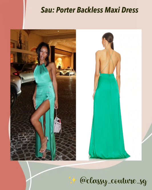 Sau Porter Backless Maxi Dress in Jade Green | draped satin gown