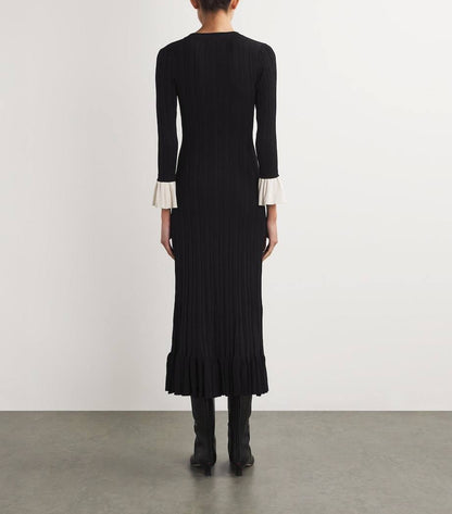 SD Knitted V Neck Contrast Sleeve Midi Dress in Navy blue & Black