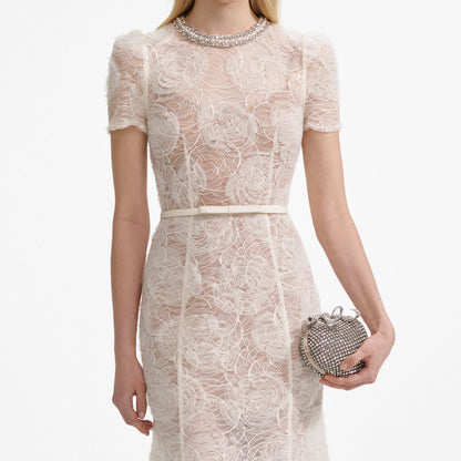 SP Cream Tulle Floral Lace Midi Dress