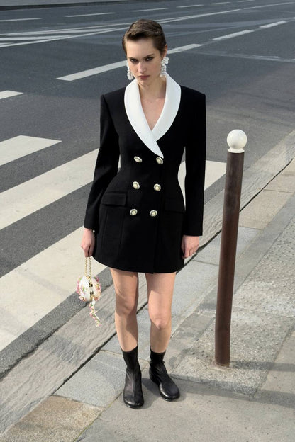 Black Tailored Double-breasted Contrast Collar Blazer Mini Dress