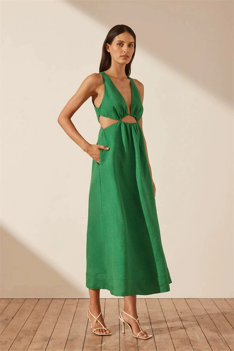 SJ Mare Linen V Neck Cut Out Midi Dress in Tree Green