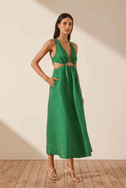 SJ Mare Linen V Neck Cut Out Midi Dress in Tree Green