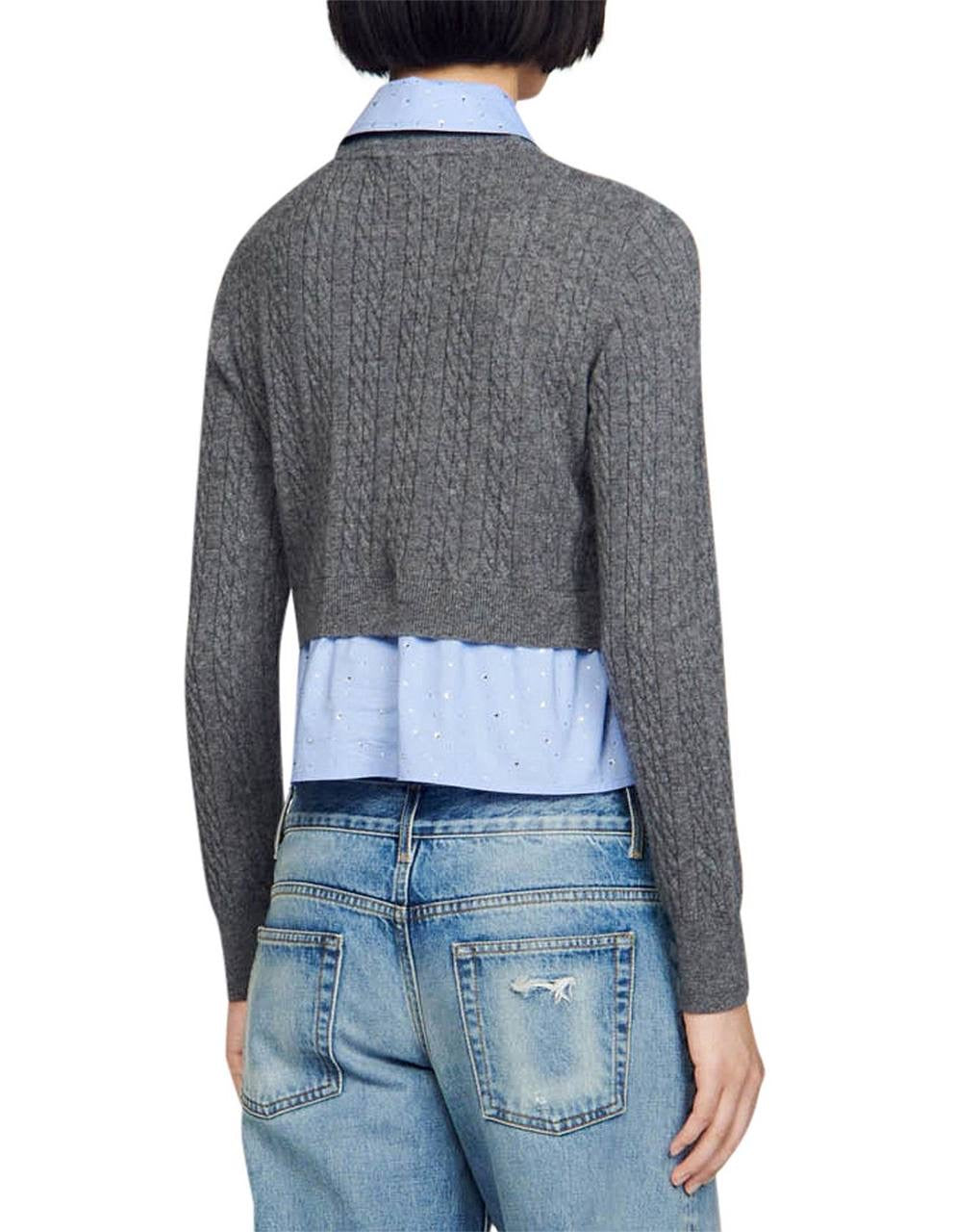 SD Layered Cable-Knit Sweater Top with Rhinestone Embellishments