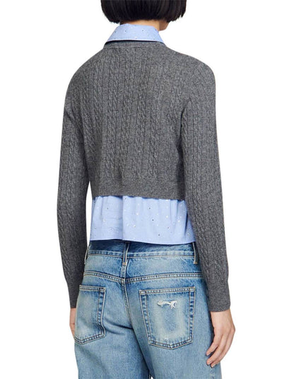 SD Layered Cable-Knit Sweater Top with Rhinestone Embellishments