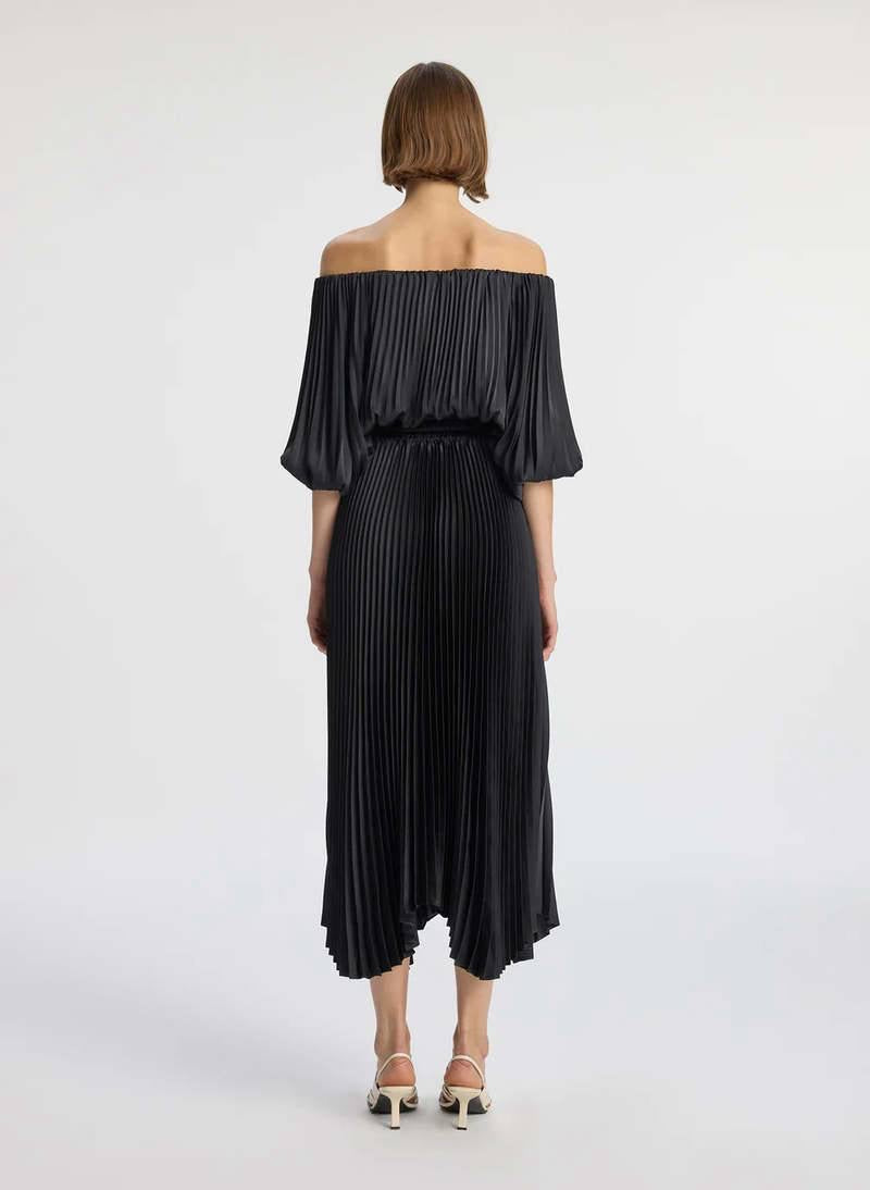 ALC Sienna Satin Pleated Off-Shoulder Midi Dress