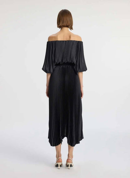 ALC Sienna Satin Pleated Off-Shoulder Midi Dress